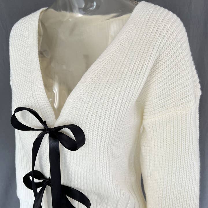 Rosa Clothing - Vente Cardigan – femme - Cardigan en tricot uni avec nœud papillon sur le devant5