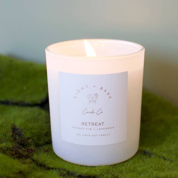 Retreat 10oz Candle | White Glass Jar Soy Candle for wholesale by Light + Bark Candle Co.