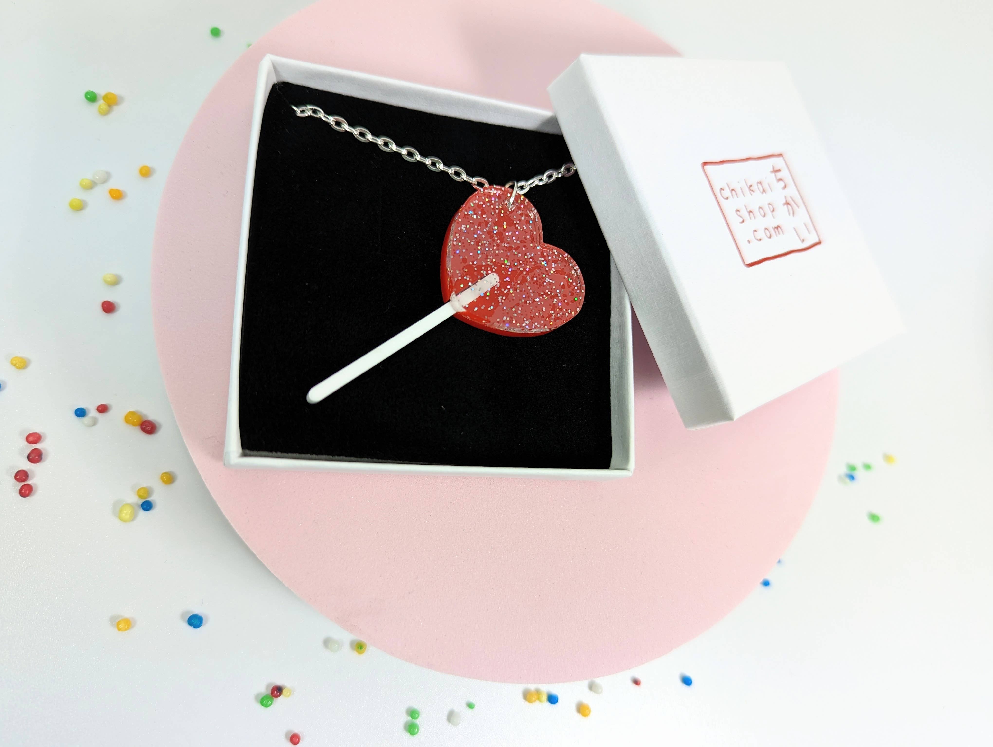 Chikai Shop – wholesale Pendant/charm necklace – Lollipop heart necklace on acrylic with silver plated chain0