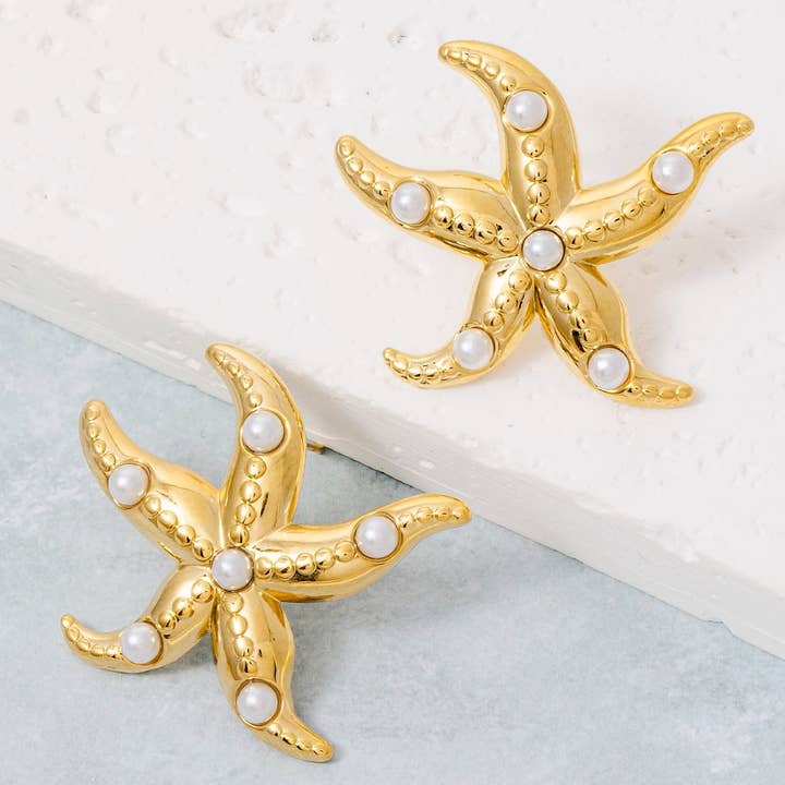 Gold Dipped Pearl Studded Starfish Stud Earrings for wholesale by Fame Accessories