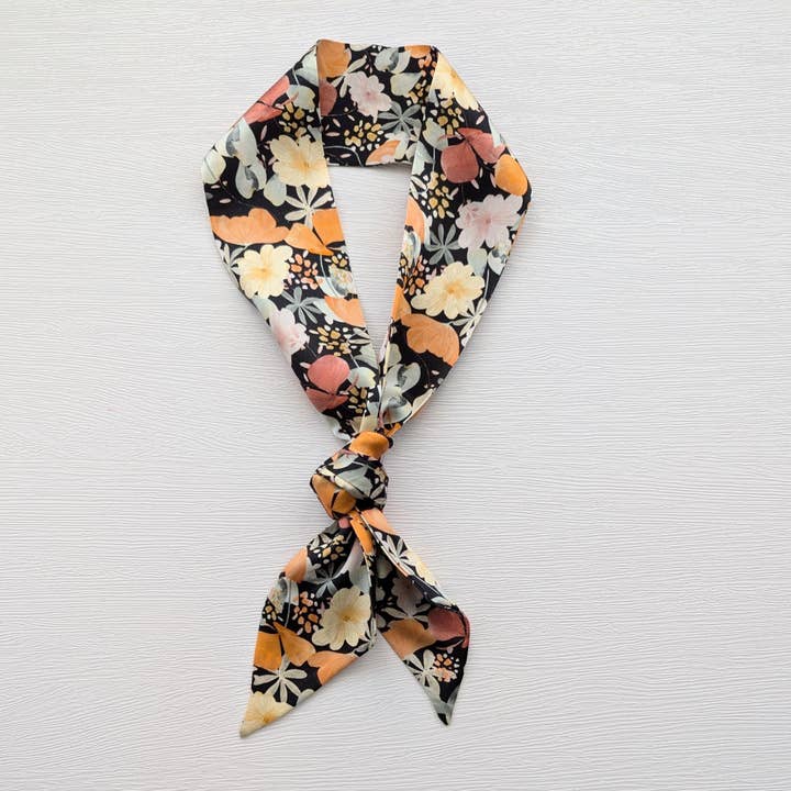 Silk Satin Skinny Scarf: Black, Orange & Pink Floral for wholesale by Poems And Polka Dots