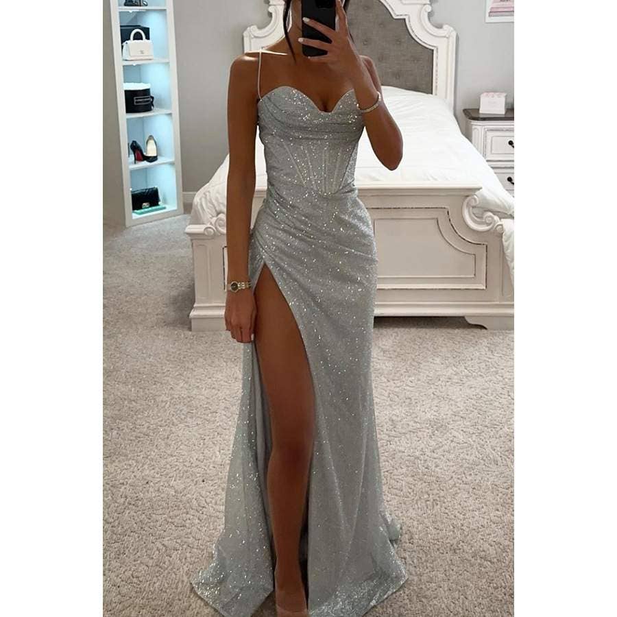 Fashion Combination - Wholesale Dress - Women's - Sparkly High-Slit Evening Gown with Draped Bodice – Elegant 3