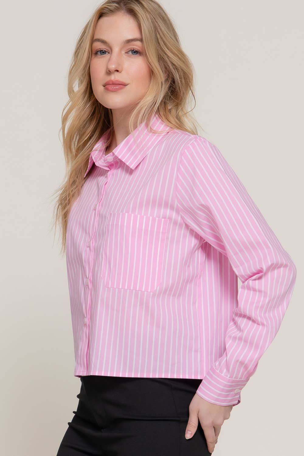 Active Basic | Active USA – wholesale Buttoned-down shirt – Women's – Long Sleeve Button Down Stripe Poplin Shirt10