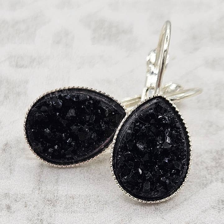 Druzy Teardrop Dangle Earrings (Handmade)- Black Tie for wholesale by The Sparkle Shop