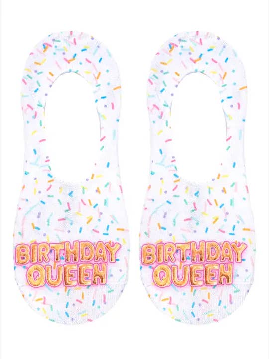 No-Show Liner Socks - Confetti - "Birthday Queen" - White for wholesale by Living Royal