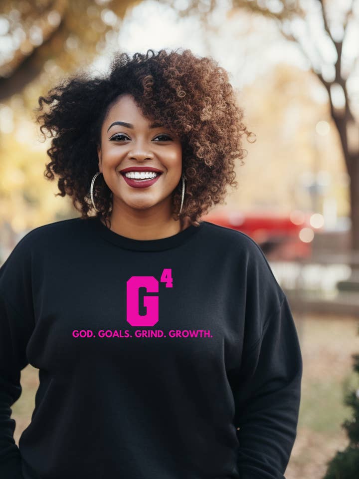 God Goals Grind Growth glitter sweatshirt (pink/black) for wholesale by Golden Chic