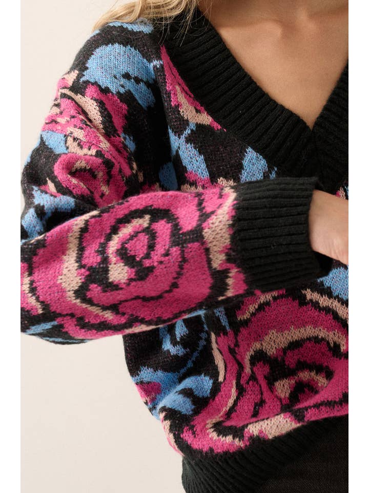 Promesa USA - Wholesale Knit Sweater - Women's - Floral V Neck Long Sleeve Loose Fit Sweater
