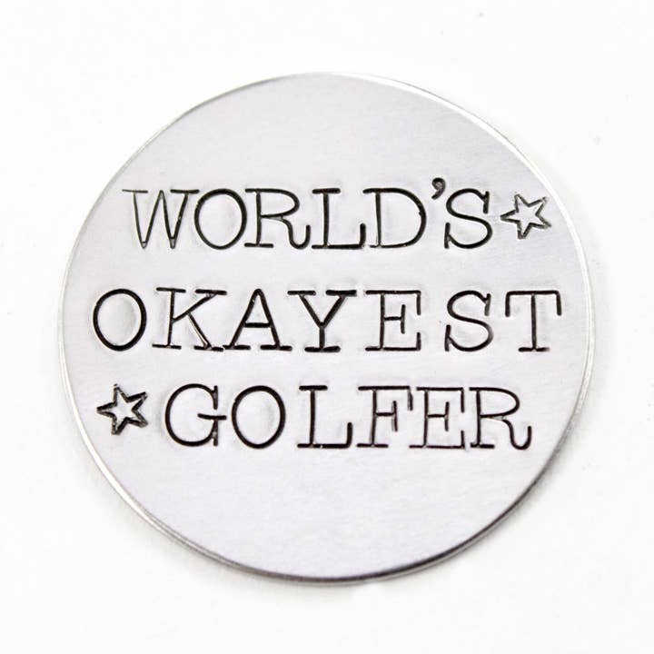 "World's Okayest Golfer" MAGNETIC golf ball marker with optional hat clip for wholesale by Completely Hammered