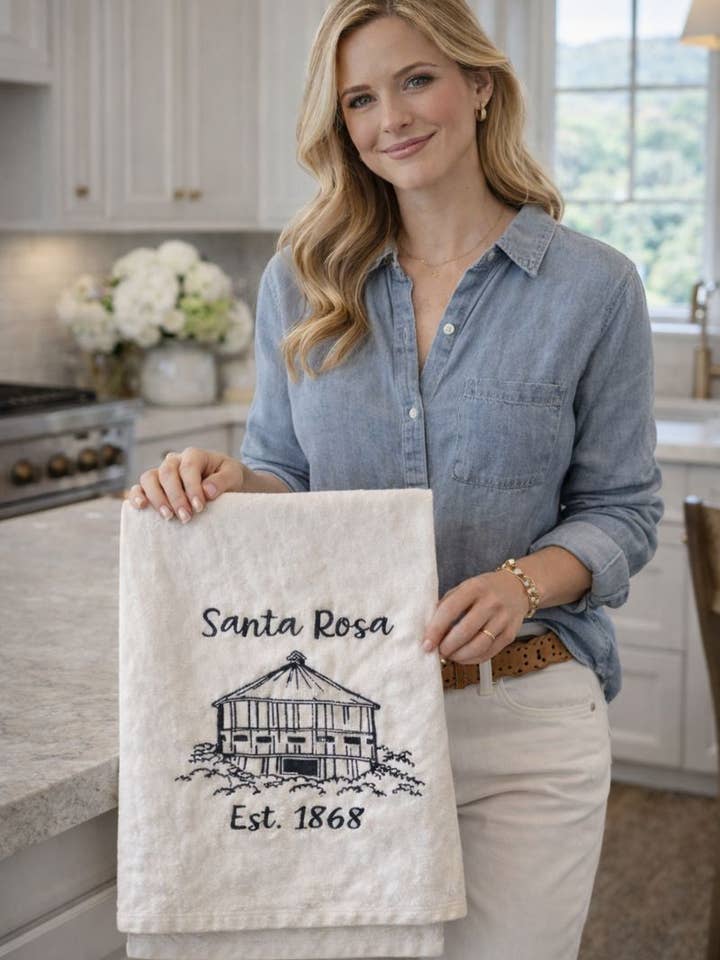Santa Rosa Round Barn Tea Towel- Organic Flour Sack for wholesale by Luma Vintage
