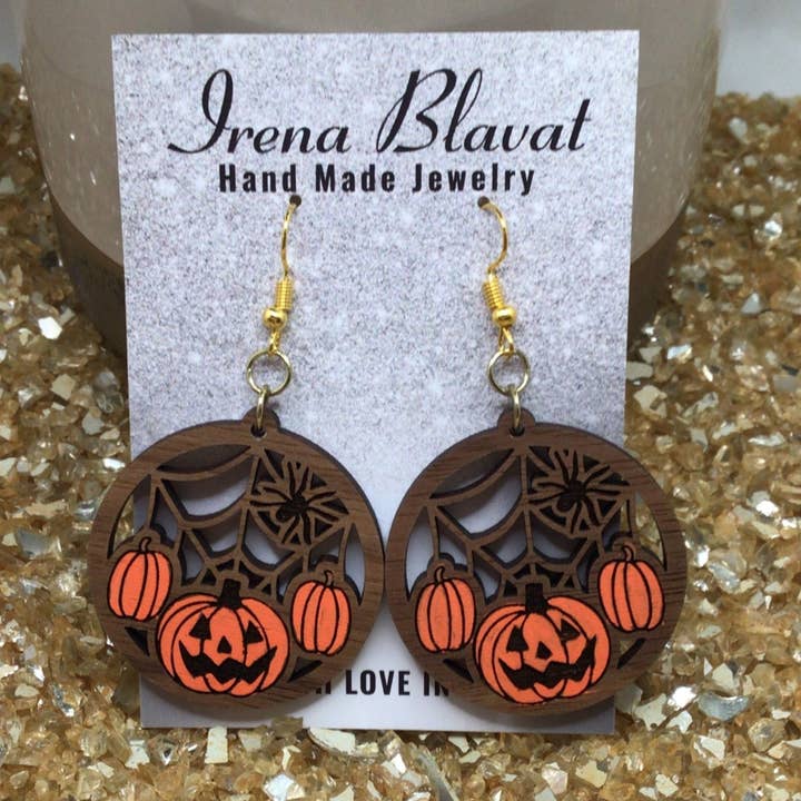 Spooky Pumpkin & Spider Halloween Wooden Hand Painted Earrings for wholesale by Irena Blavat Designs