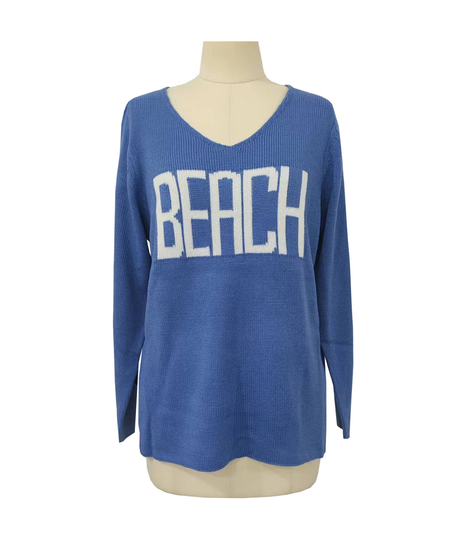 Blue Slouchy " BEACH ” V-Neck Knit Blouse for wholesale on Faire0