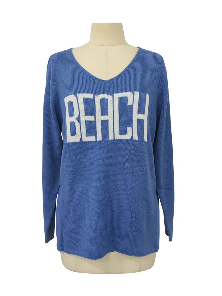 Blue Slouchy " BEACH ” V-Neck Knit Blouse for wholesale on Faire