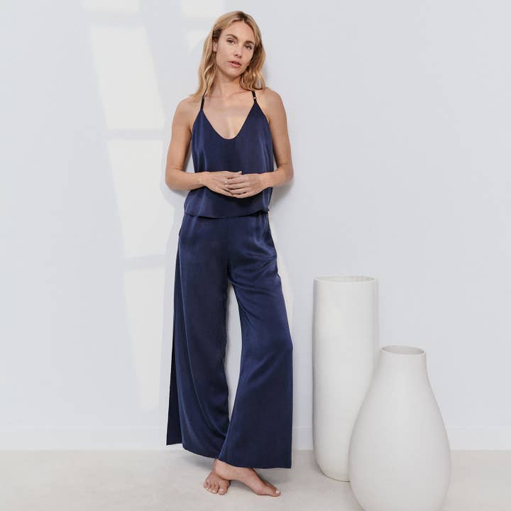 Deep Blue Immersed Black Washable Silk Cami Pant Set for wholesale on Faire