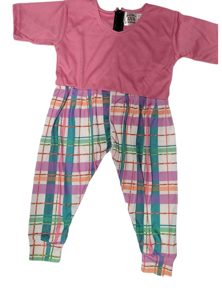 Macacão Camiseta Xadrez Rosa da AVA por atacado de AVA Clothing