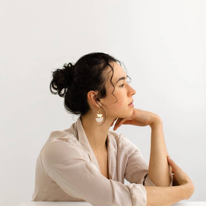 Whitebirch Handmade Goods - Wholesale Dangle Earrings - Mini Beige Leather & Brass Stacked Half Moon Dangle Earrings