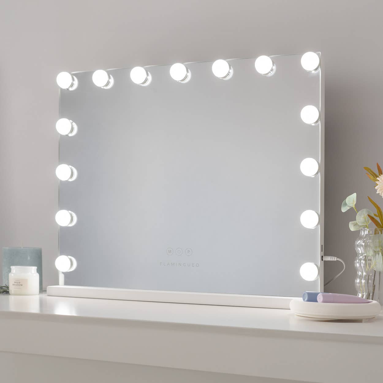 Flamingueo - Vente Miroir de courtoisie - Miroir avec 15 lampes LED Hollywood et trois modes d'éclairage1