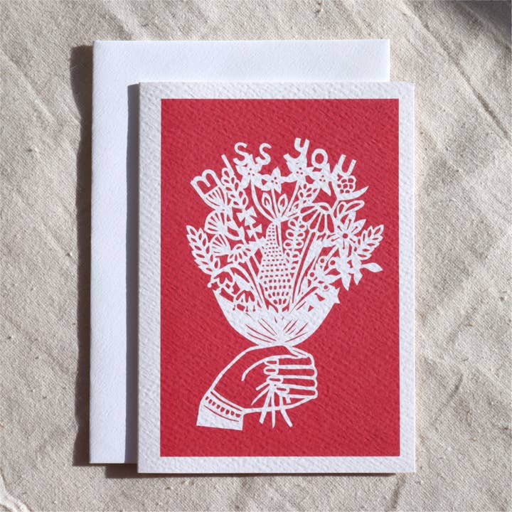Miss You Flowers card - 2 block colours for wholesale by Gemma Barnett