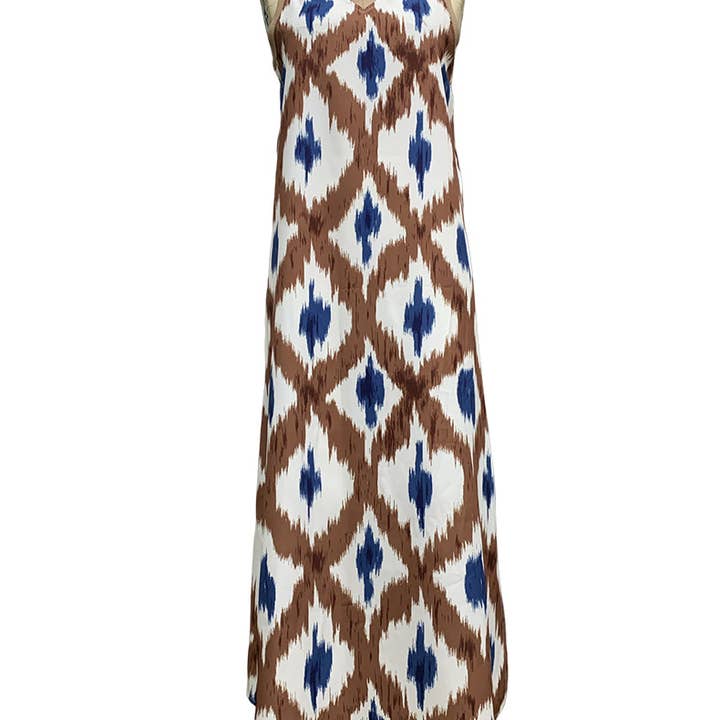 COFFEE PRINTED CARDIGAN V-NECK SLIT LONG DRESS for wholesale on Faire