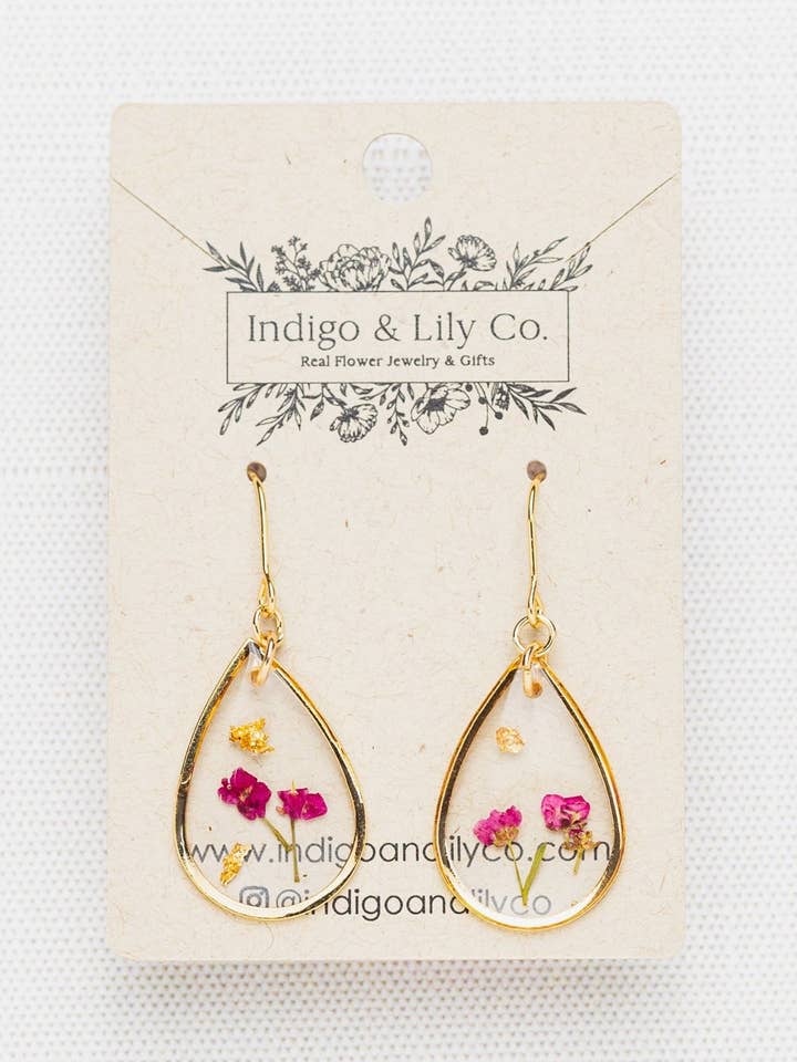 Pressed Alyssum Flower Earrings, Pink, Tiny, 14k gold filled for wholesale by Indigo & Lily Co.