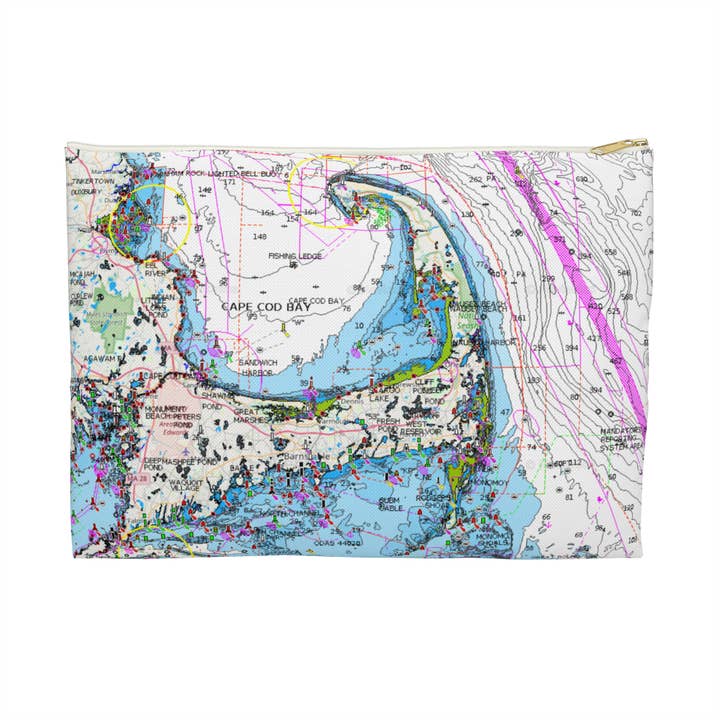 Cape Cod Nautical Map Accessory bag. Flat pouch for wholesale by Lyn Roma