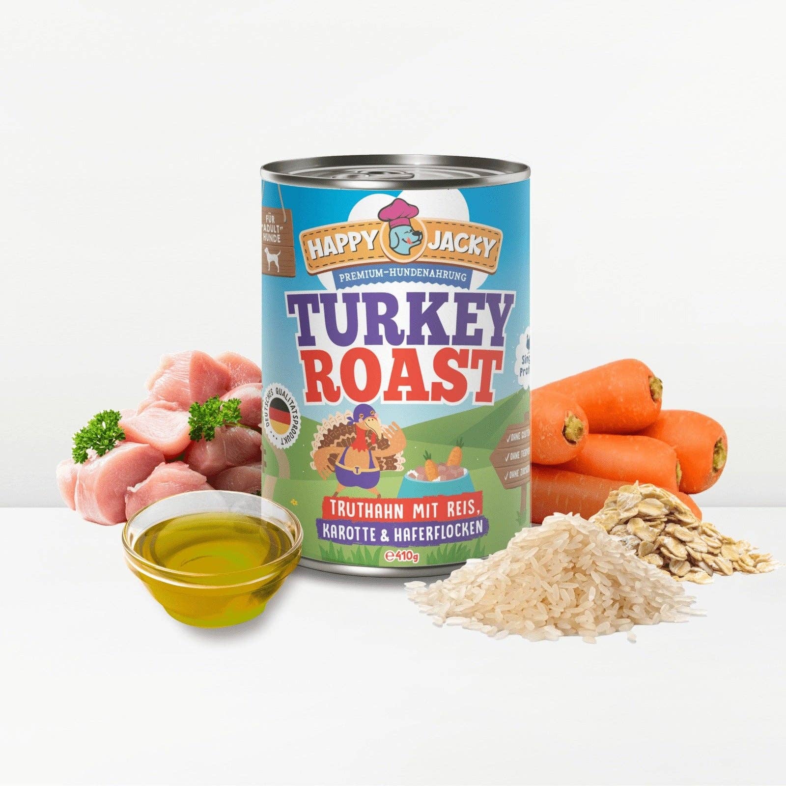 HAPPY JACKY - Wholesale Pet Food - Dog - HAPPY JACKY | extra sensitive high-premium wet food for dogs without grains | Turkey with rice, carrot & oatmeal | without preservatives, sugar-free1