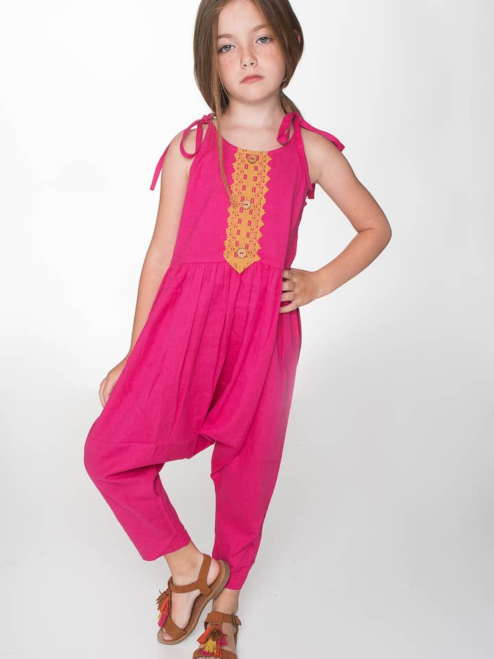 Hot Pink Jumpsuit with Lace Detail for wholesale by Yo Baby