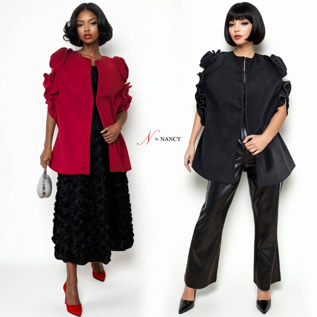 N by Nancy - Wholesale Cape - Women's - T2551 ROSE-SLEEVE CAPE COAT (RED, BLK)2