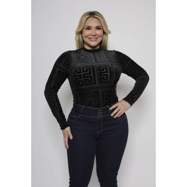 PLUS SIZE GREEK KEY BURNOUT VELVET LONG SLEEVE MOCK NECK BOD for wholesale by Curve Market