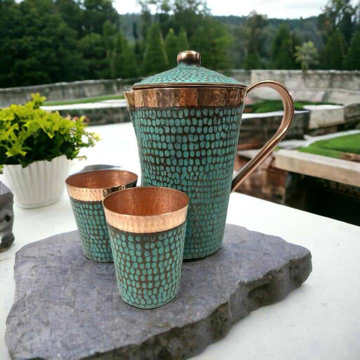 Ambiente Home Décor - Wholesale Pitcher - Set of 1 Hammered & Turquoise Copper Pitcher and 2 Tumblers5
