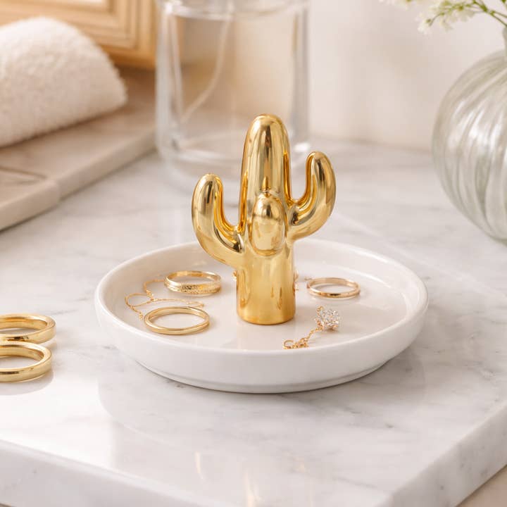 Ceramic Gold Cactus Ring and Jewelry Dish for wholesale by Lilac and Rose