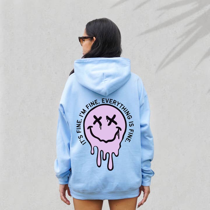 It's Fine Drippy Smiley Hoodie - Blue for wholesale by Sweetees Apparel