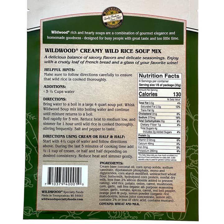 Wildwood Specialty Foods - Vente Soupes - Mélange crémeux pour soupe au riz sauvage2