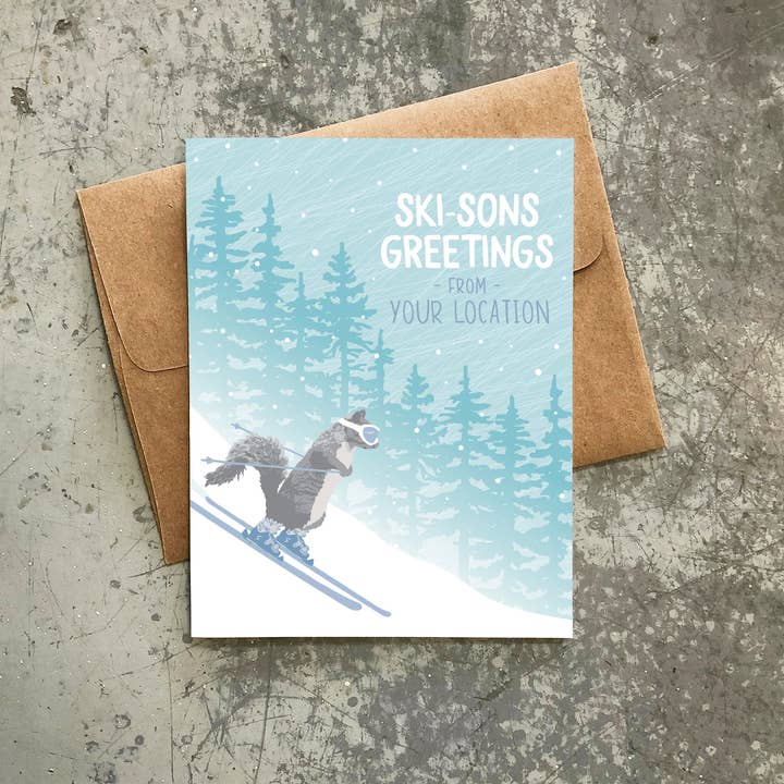 Modern Printed Matter - Wholesale Season's Greetings Card - Custom Holiday Card - Skiing Squirrel