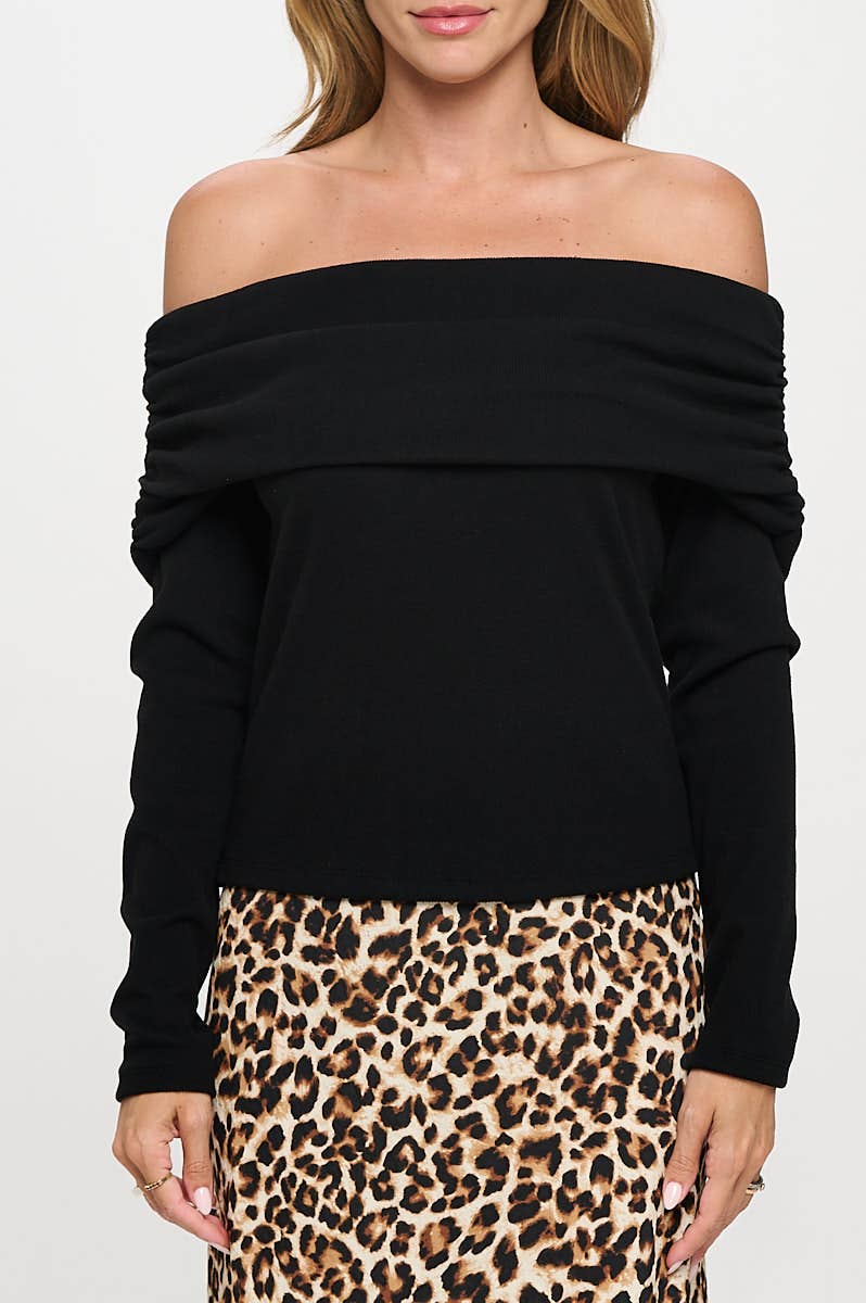 Black Made in USA Rib Knit Long Sleeve Off the Shoulder Top for wholesale on Faire1
