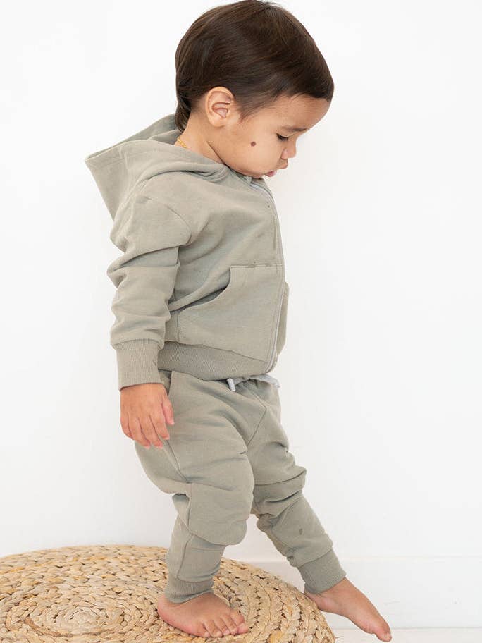 Sage Green Organic Cotton 2-Piece Zip Jogger Sweatsuit for wholesale by Addie Joy company