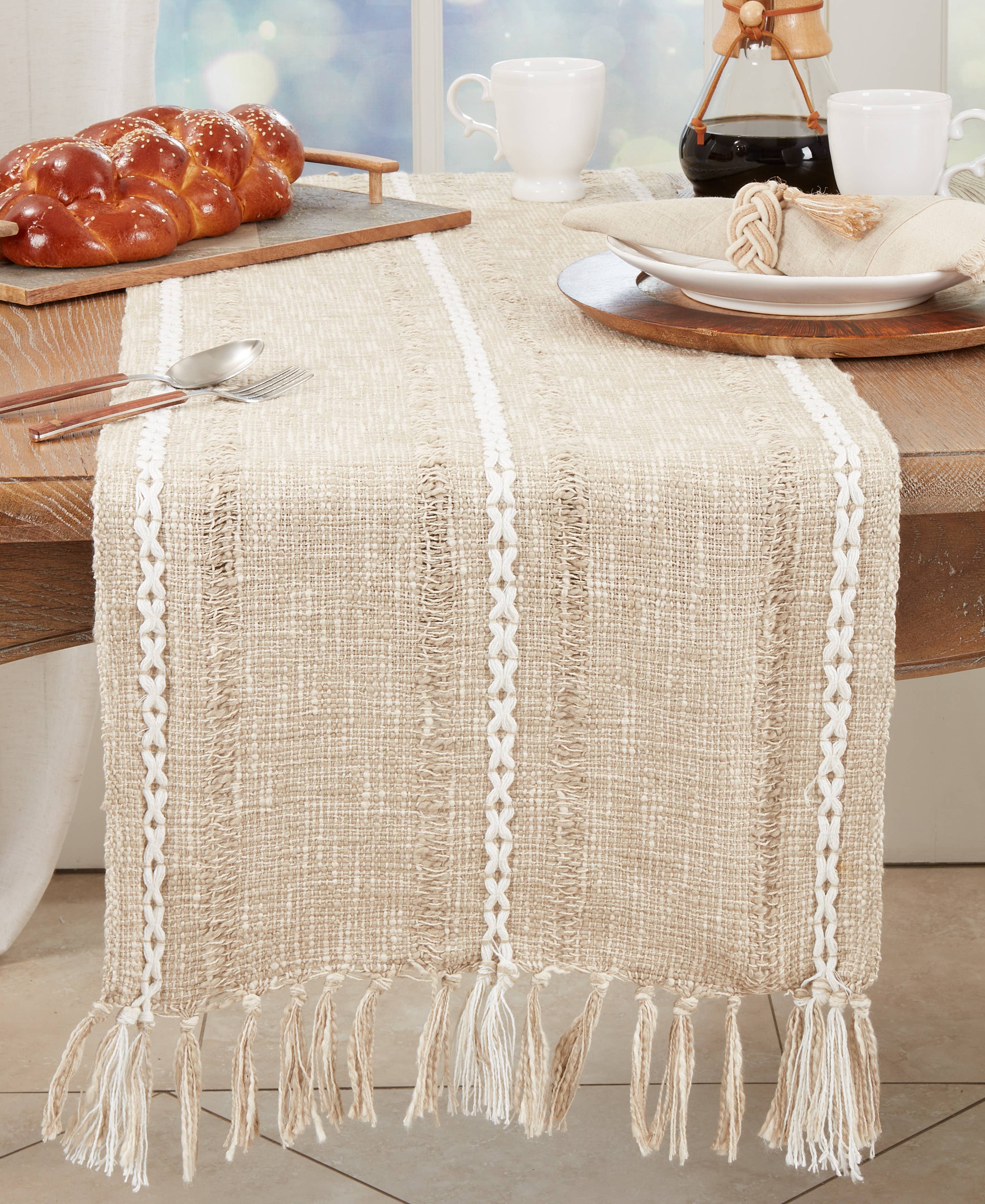 Taupe Woven Delight Striped Table Runner with Decorative Fringe for wholesale on Faire2