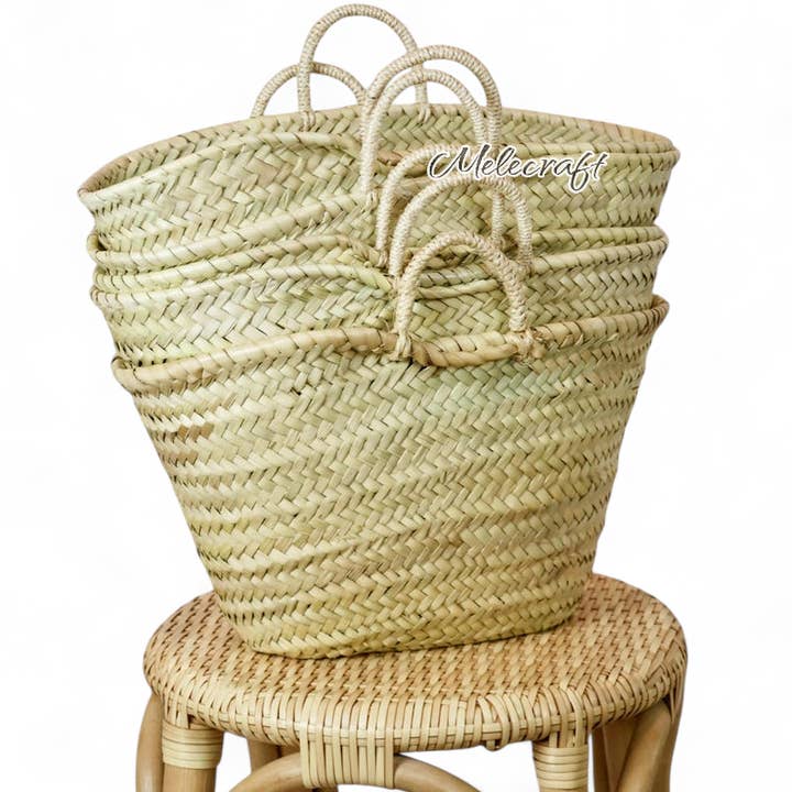 Cesta de paja marroquí hecha a mano con asas naturales para venta al por mayor de Melecraft