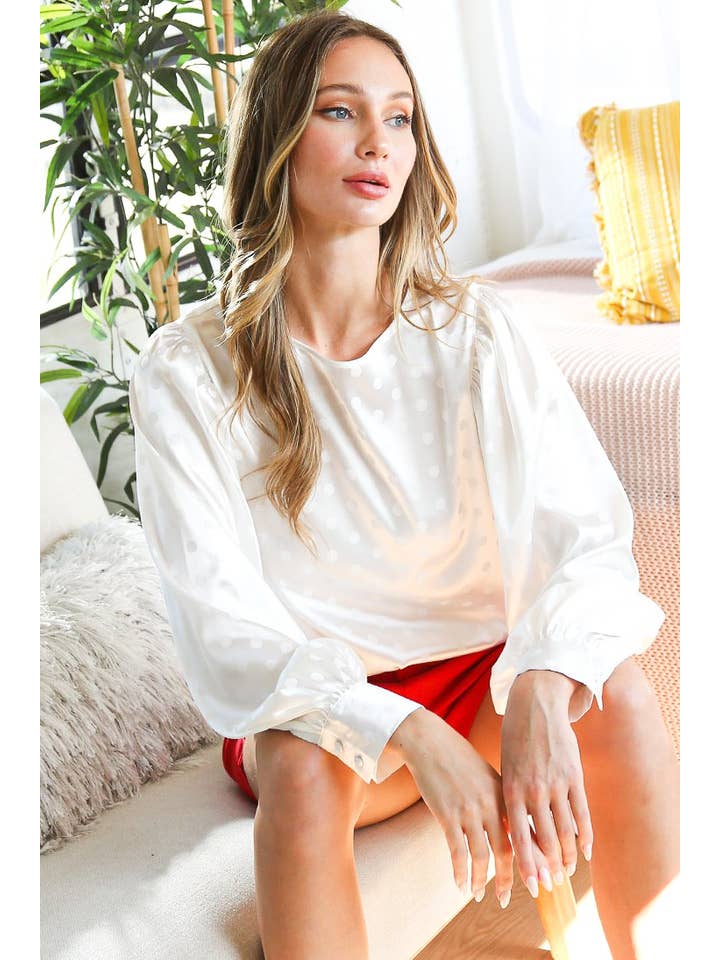 Vine & Love - Wholesale Blouse - Women's - Dot Print Long Puff Sleeve Jacquard Satin Blouse VT70191G-2