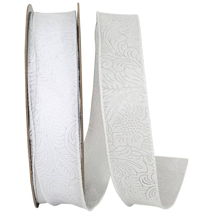 Leaf Scroll Embossed Wired Edge, White, 1-1/2 In, 30 Yards for wholesale by RELIANT RIBBON