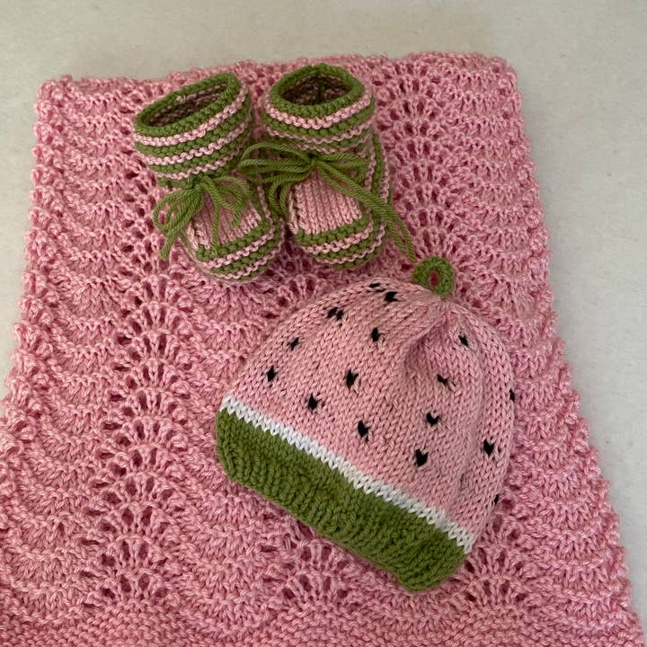 Watermelon; Hand knit hat and/or booties; Baby Toddler Girl for wholesale by Knit By Ma and Bear
