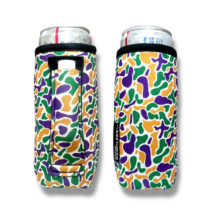 Mardi Gras Camo 12-16oz Slim Can Handler™ for wholesale by Drink Handlers