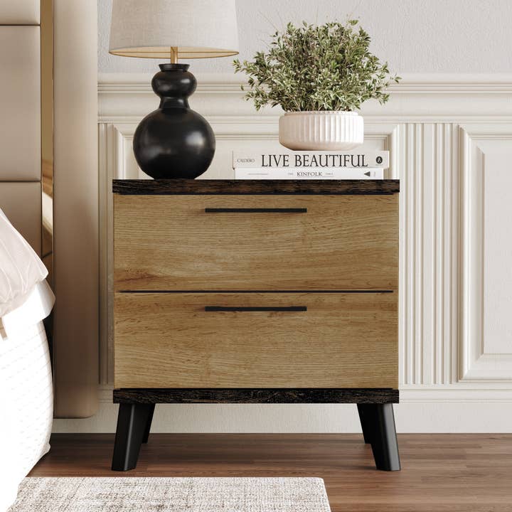 Emersyn 2 Drawer Nightstand with Spacious Storage and Natural Woodgrain, Natural Oak, Easy Assembly for wholesale by Home Design