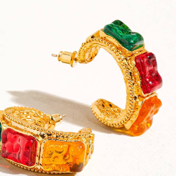 Multi Colored Florence 18K Gold Vintage Gemstone Large Hoop Earring for wholesale on Faire1