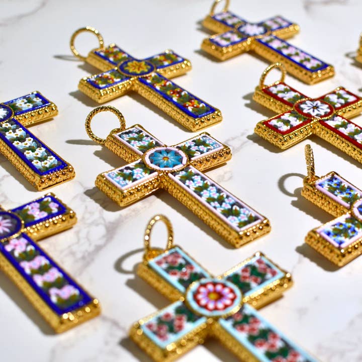 Florentine Mosaic Cross Large Floral Pendant, Made in Italy for wholesale by Via Graceffo