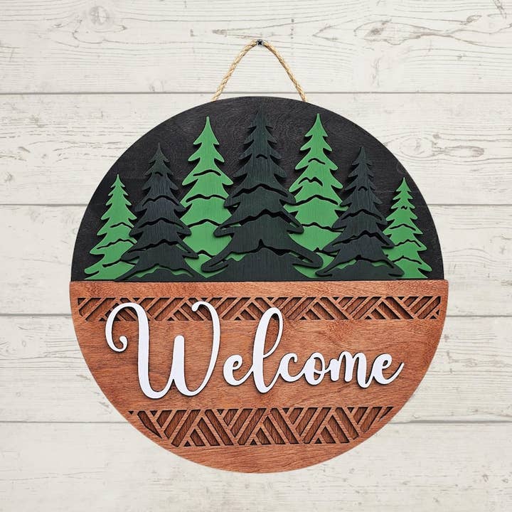 Personalized Pine Tree Welcome Door Sign, Handcrafted Wood Door Decor for wholesale by Southcoast Lasersmith