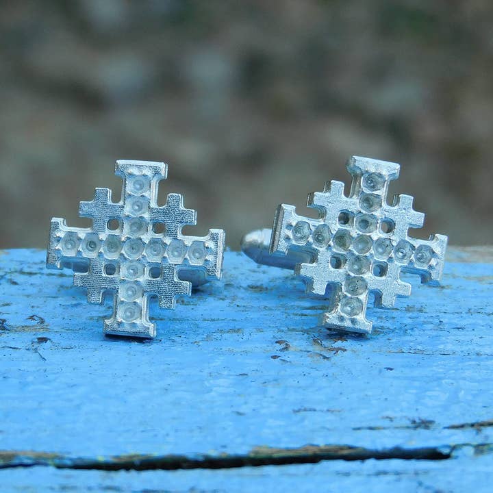 Jerusalem Cross Pewter Cufflinks - Dimpled hand Cast By Will for wholesale by William Sturt Fine Pewter