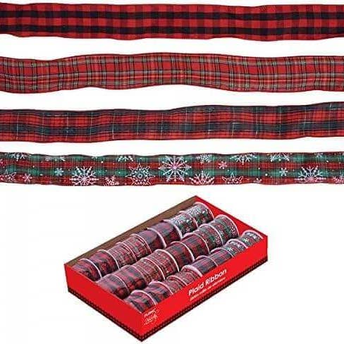 Fita de Natal de 2" com borda de arame xadrez de 3 jardas, 4 designs (1ct) por atacado de Party Expo, LLC