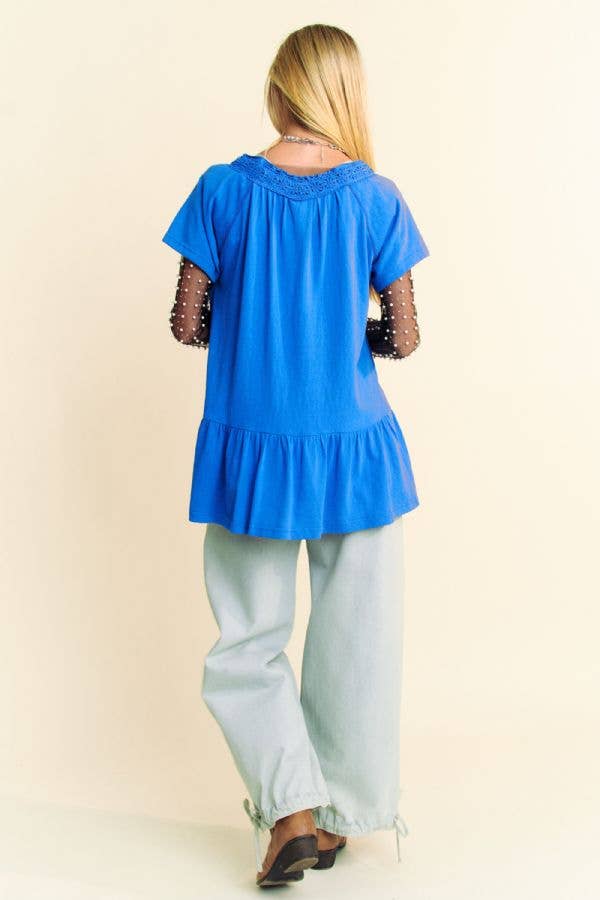 Davi & Dani - Vendita all'ingrosso Maglietta - Donna - TOP PEPLO A MANICHE CORTE CON SCOLLO IN PIZZO TINTA UNITA9