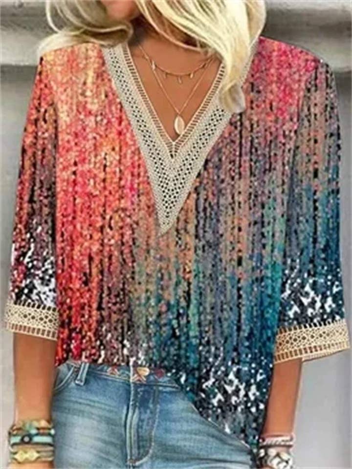 Flarix - Wholesale Blouse - Women's - dot lace trims print sleeve casual basic v neck