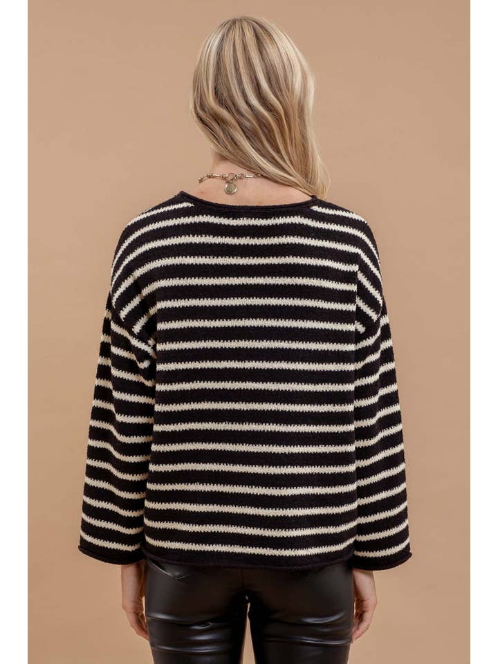 Blu Pepper - Wholesale Knit Sweater - Women's - STRIPE BOAT NECK DROP SHOULDER KNIT SWEATER